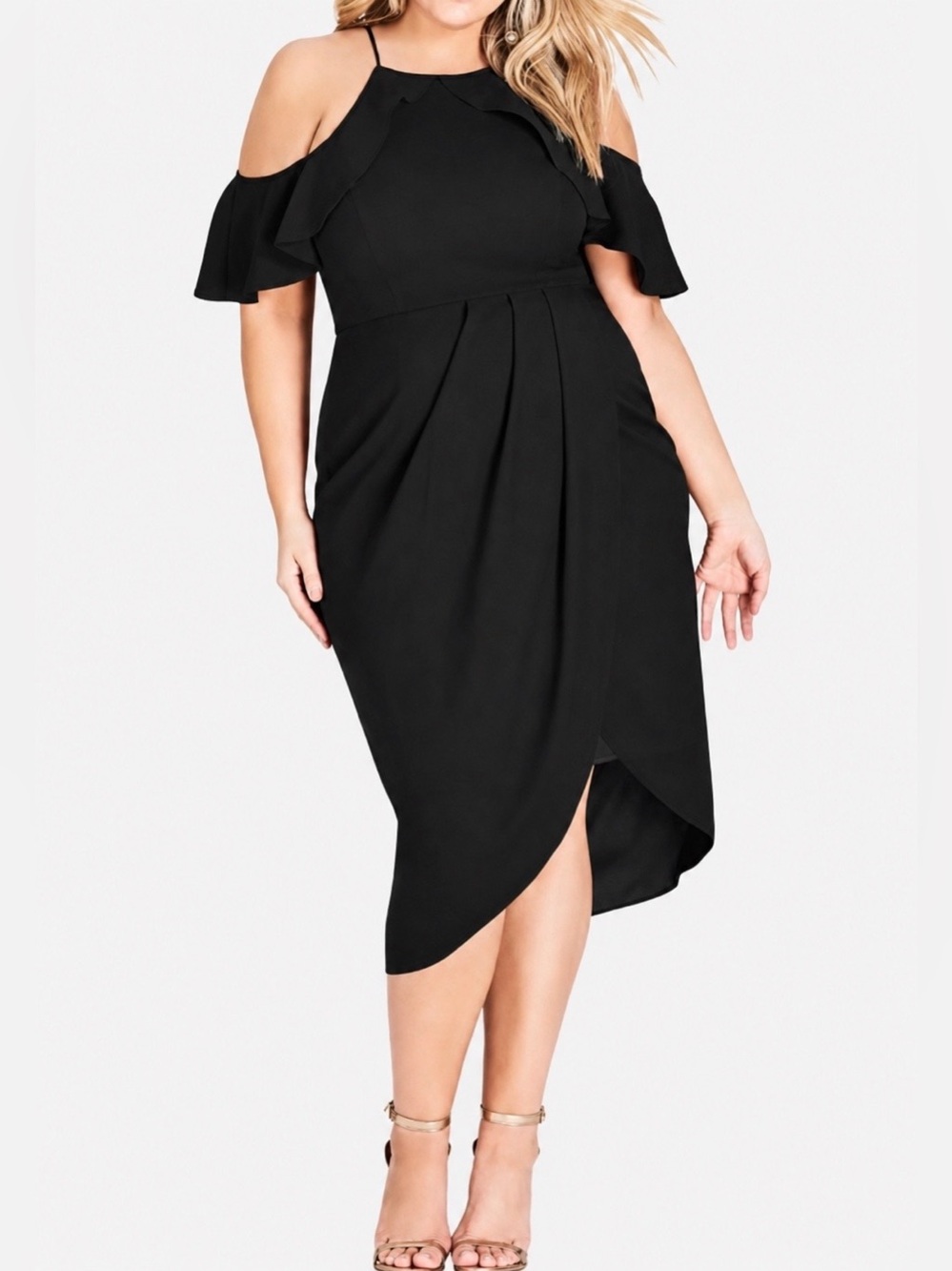 NWT. City Chic Black Cold-Shoulder High-Low Wrap Dress. Size L